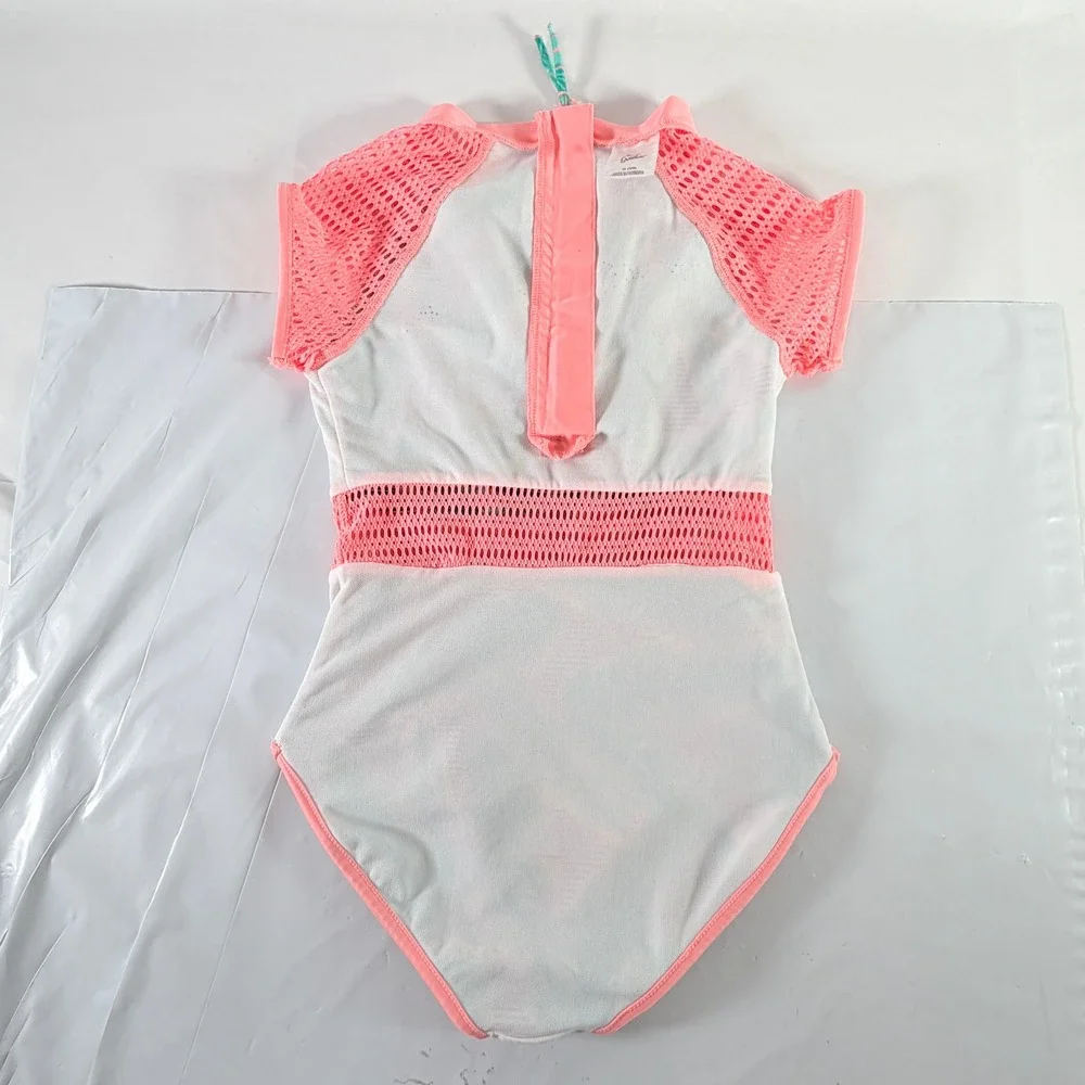 Girls Palm‎ Leaf One Piece Rash Guard Swimsuit Pink Mesh Green